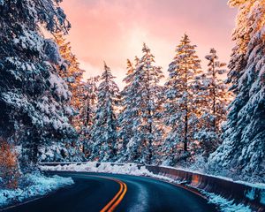 Preview wallpaper road, trees, snow, sunset, turn