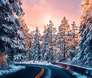 Preview wallpaper road, trees, snow, sunset, turn