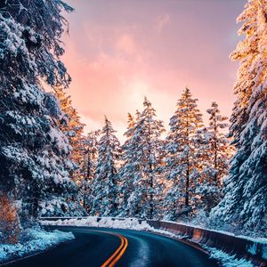 Preview wallpaper road, trees, snow, sunset, turn