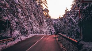 Preview wallpaper road, trees, snow, dusk, nature