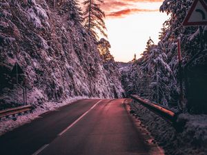 Preview wallpaper road, trees, snow, dusk, nature
