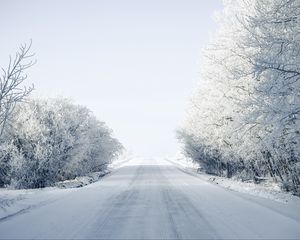 Preview wallpaper road, trees, snow, winter, snowy