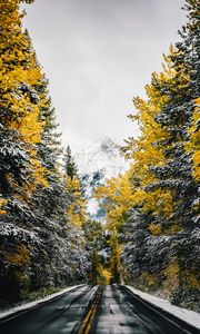 Preview wallpaper road, trees, snow, mountain, peak