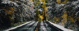 Preview wallpaper road, trees, snow, mountain, peak