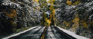 Preview wallpaper road, trees, snow, mountain, peak