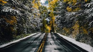 Preview wallpaper road, trees, snow, mountain, peak