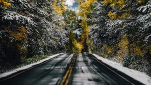 Preview wallpaper road, trees, snow, mountain, peak