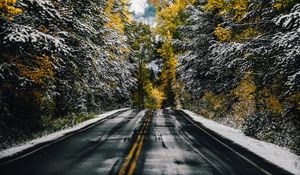 Preview wallpaper road, trees, snow, mountain, peak