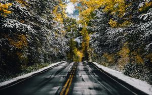 Preview wallpaper road, trees, snow, mountain, peak