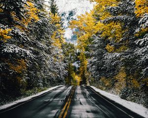 Preview wallpaper road, trees, snow, mountain, peak