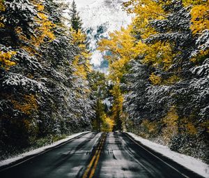 Preview wallpaper road, trees, snow, mountain, peak