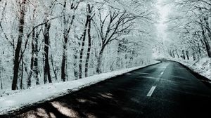 Preview wallpaper road, trees, snow, winter, nature