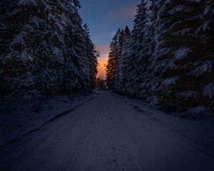 Preview wallpaper road, trees, snow, winter, dusk, dark