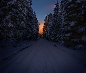 Preview wallpaper road, trees, snow, winter, dusk, dark