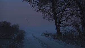 Preview wallpaper road, trees, snow, winter, twilight