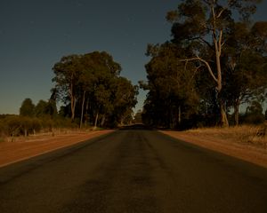 Preview wallpaper road, trees, stars, evening
