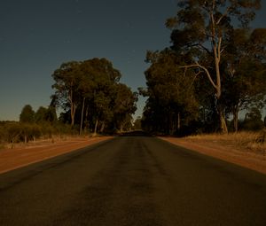 Preview wallpaper road, trees, stars, evening