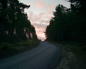 Preview wallpaper road, trees, sunset, evening, twilight