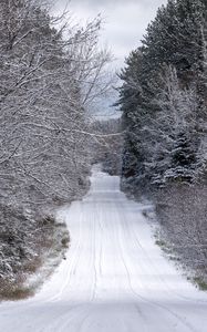 Preview wallpaper road, trees, winter, snow, nature, landscape