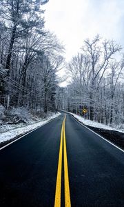 Preview wallpaper road, trees, winter, marking, snow, asphalt