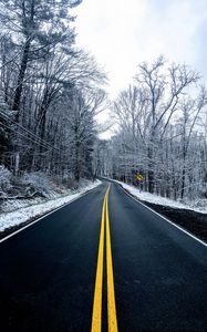 Preview wallpaper road, trees, winter, marking, snow, asphalt