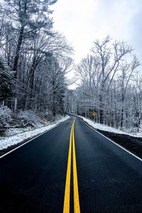 Preview wallpaper road, trees, winter, marking, snow, asphalt