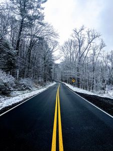 Preview wallpaper road, trees, winter, marking, snow, asphalt