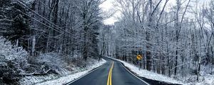 Preview wallpaper road, trees, winter, marking, snow, asphalt