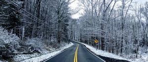 Preview wallpaper road, trees, winter, marking, snow, asphalt