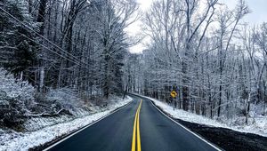 Preview wallpaper road, trees, winter, marking, snow, asphalt