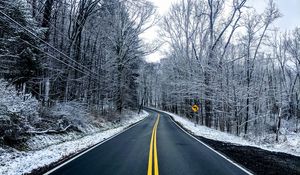 Preview wallpaper road, trees, winter, marking, snow, asphalt