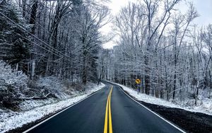 Preview wallpaper road, trees, winter, marking, snow, asphalt