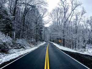 Preview wallpaper road, trees, winter, marking, snow, asphalt