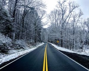 Preview wallpaper road, trees, winter, marking, snow, asphalt
