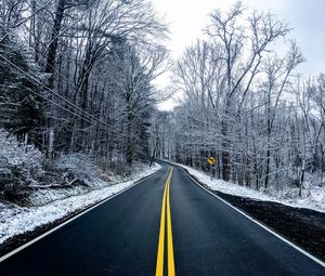 Preview wallpaper road, trees, winter, marking, snow, asphalt