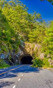 Preview wallpaper road, tunnel, darkness, trees, shadows