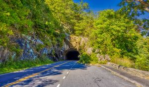 Preview wallpaper road, tunnel, darkness, trees, shadows