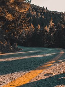 Preview wallpaper road, turn, asphalt, trees, slope