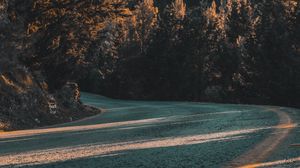 Preview wallpaper road, turn, asphalt, trees, slope