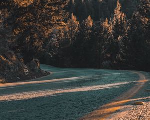 Preview wallpaper road, turn, asphalt, trees, slope