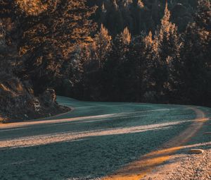 Preview wallpaper road, turn, asphalt, trees, slope