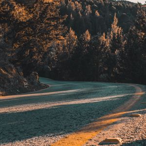 Preview wallpaper road, turn, asphalt, trees, slope