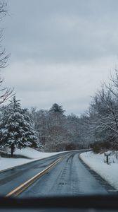 Preview wallpaper road, turn, asphalt, snow, winter