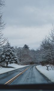 Preview wallpaper road, turn, asphalt, snow, winter