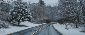 Preview wallpaper road, turn, asphalt, snow, winter