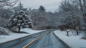 Preview wallpaper road, turn, asphalt, snow, winter