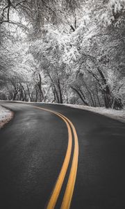 Preview wallpaper road, turn, asphalt, marking, trees, snow, winter