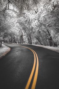 Preview wallpaper road, turn, asphalt, marking, trees, snow, winter