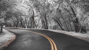 Preview wallpaper road, turn, asphalt, marking, trees, snow, winter