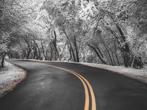 Preview wallpaper road, turn, asphalt, marking, trees, snow, winter